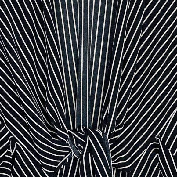 Black & White Striped Ruffle Kimono Sleeve Tie Front One Size Cardigan Coverup - Picture 7 of 8